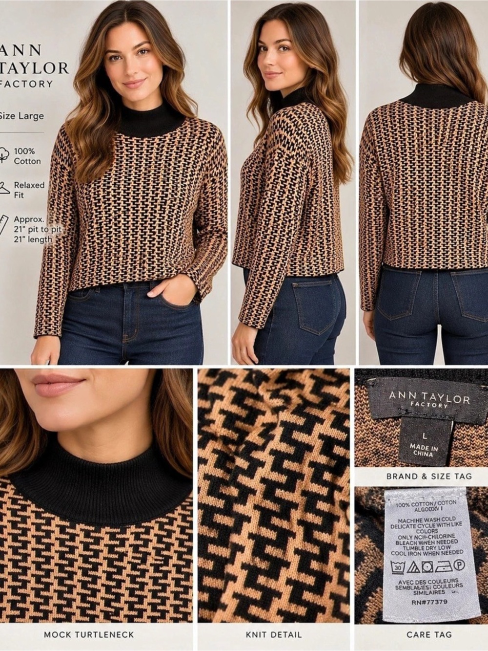 Ann Taylor Factory Geometric Mock Neck Sweater Women’s Large Brown Black